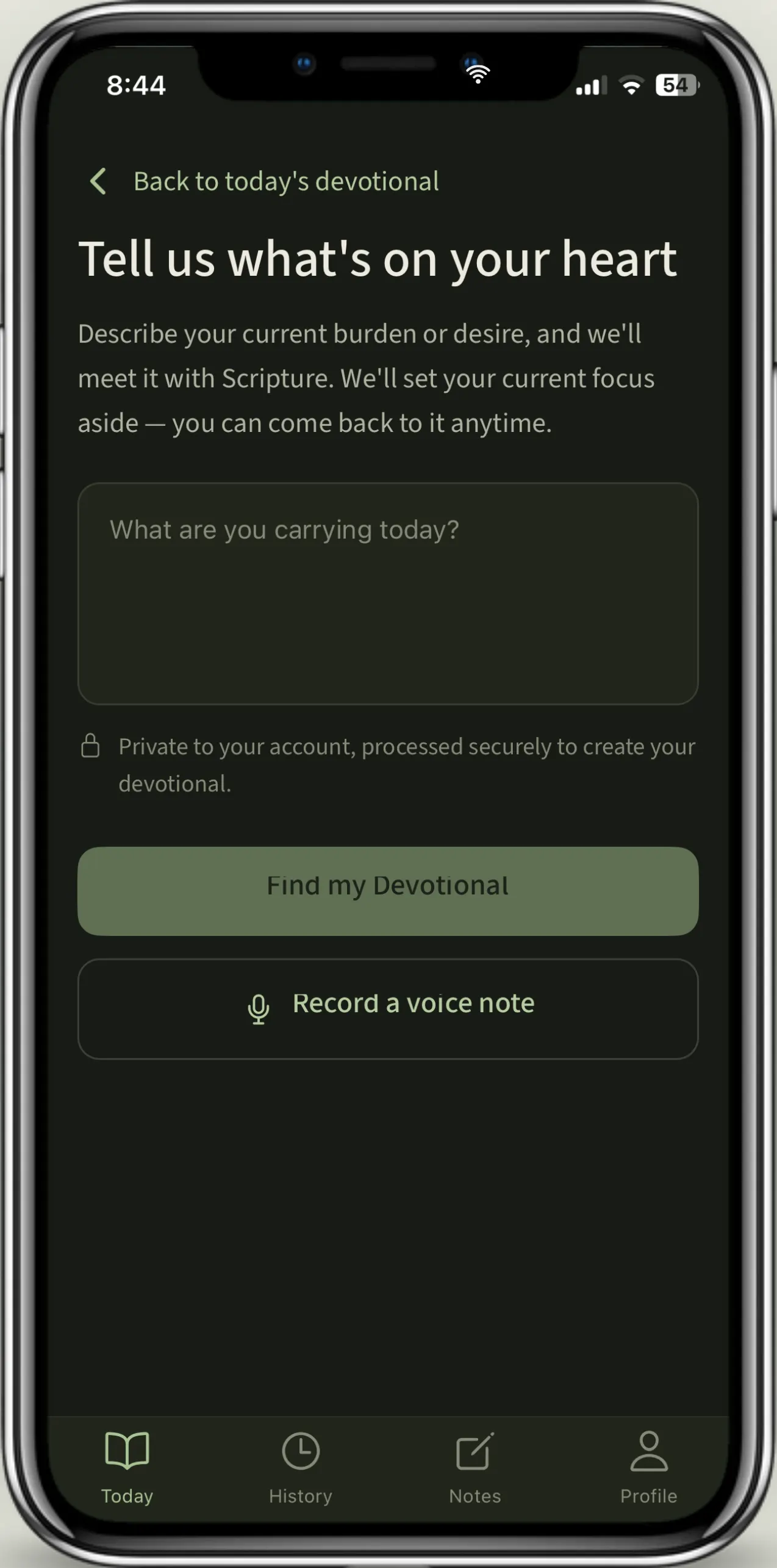 The Set Focus screen — ‘Tell us what’s on your heart’ — with an empty field asking what you’re carrying today, and an option to record a voice note instead.