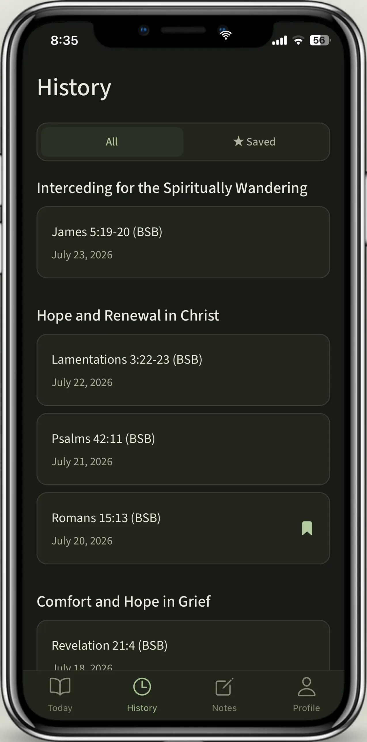 The History screen with All and Saved filters, past devotionals grouped under the theme of each season.
