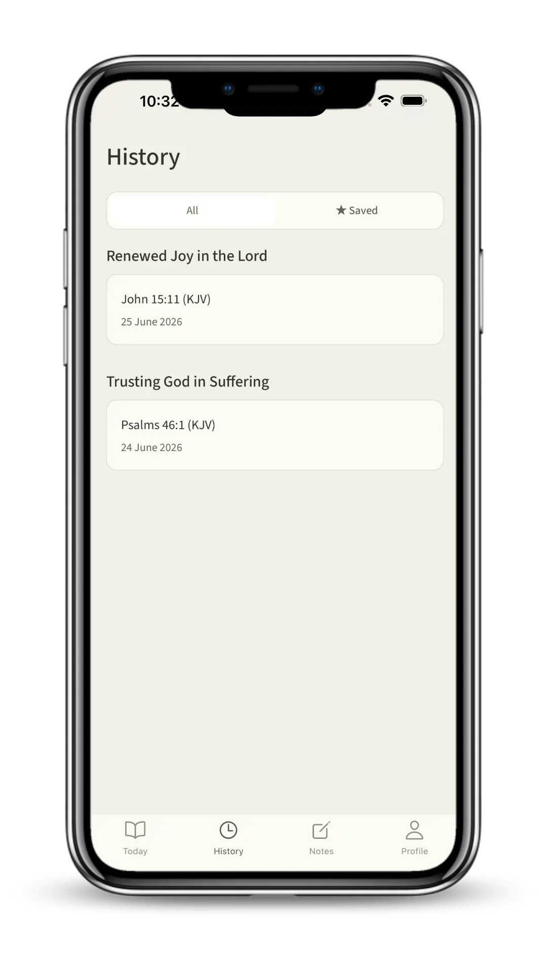 The History screen with an All and Saved filter, grouped by theme.