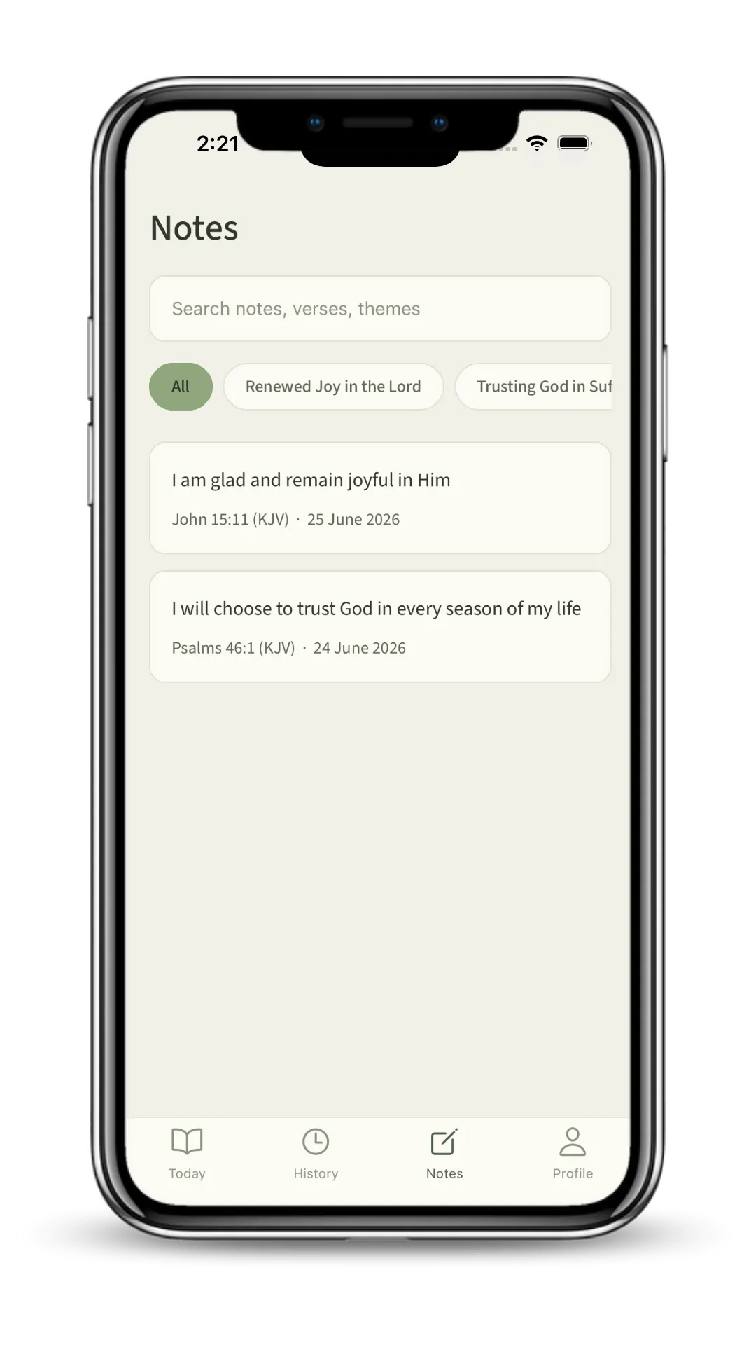 The Notes tab, searchable and filterable by date and theme.