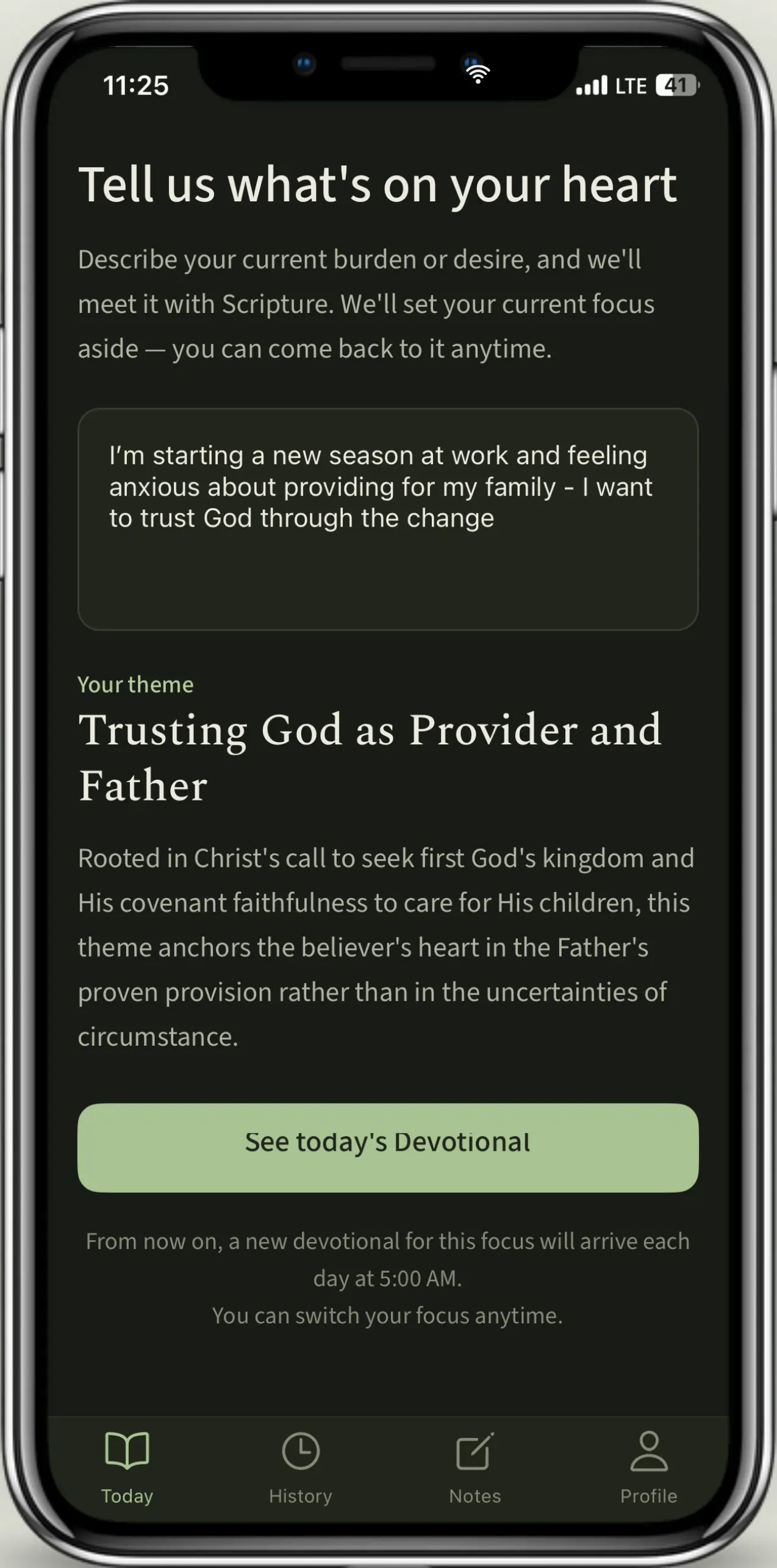 Daily Pastures answering that focus with a biblical theme — Trusting God as Provider and Father — and the Scripture reasoning behind it.